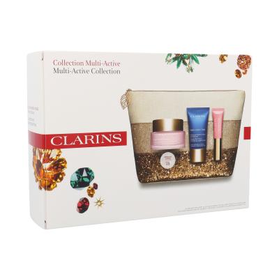 Clarins Multi-Active Darilni set denní pleťová péče 50 ml + noční pleťová péče 15 ml + tónující balzám Instant Light Natural Lip Perfector 5 ml 01 Rose Shimmer + kosmetická taška poškodovana škatla