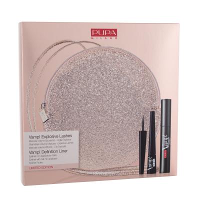 Pupa Vamp! Explosive Lashes Darilni set maskara Vamp! Explosive Lashes 12 ml + črtalo za oči Vamp! Definition Liner 2,5 ml 100 Extra Black + torbica