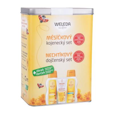 Weleda Baby Calendula Oil Set Darilni set otroško olje 200 ml + otroška krema za rane 75 ml + otroška kopel 200 ml + bambusov prtiček + pločevinasta škatla poškodovana škatla
