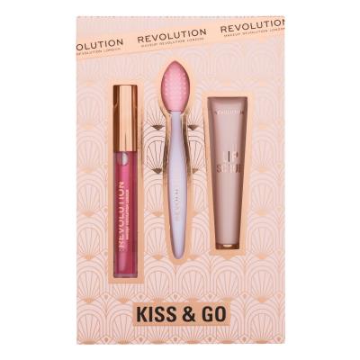 Makeup Revolution London Kiss & Go Darilni set olje za ustnice Lip Oil 2,5 ml + piling za ustnice Lip Scrub 8 ml + čopič za piling ustnic 1 kos