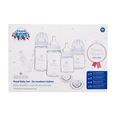 Canpol babies Royal Baby Set Little Prince Darilni set steklenička za dojenčka EasyStart Anti-Colic 2 x 240 ml + steklenička za dojenčka EasyStart Anti-Colic 2 x 120 ml + duda Light Touch Royal Baby Soother 2 x 0-6m + verižica za dudo Royal Baby Soother Clip With Ribbon 1 kos