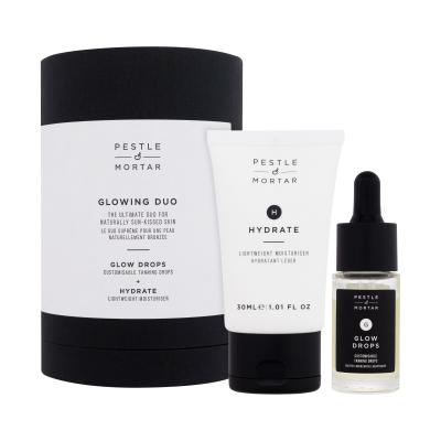 Pestle & Mortar Glowing Duo Darilni set samoporjavitveni serum za obraz Glow Drops 15 ml + vlažilna krema za obraz Hydrate Lightweight Moisturiser 30 ml
