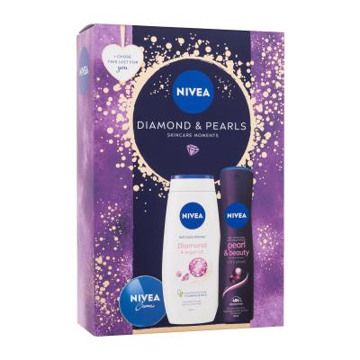 Nivea Diamond & Pearls Darilni set univerzalna krema Creme 30 ml + antiperspirant Pearl & Beauty Black 150 ml + krema za prhanje Diamond & Argan Oil 250 ml poškodovana škatla
