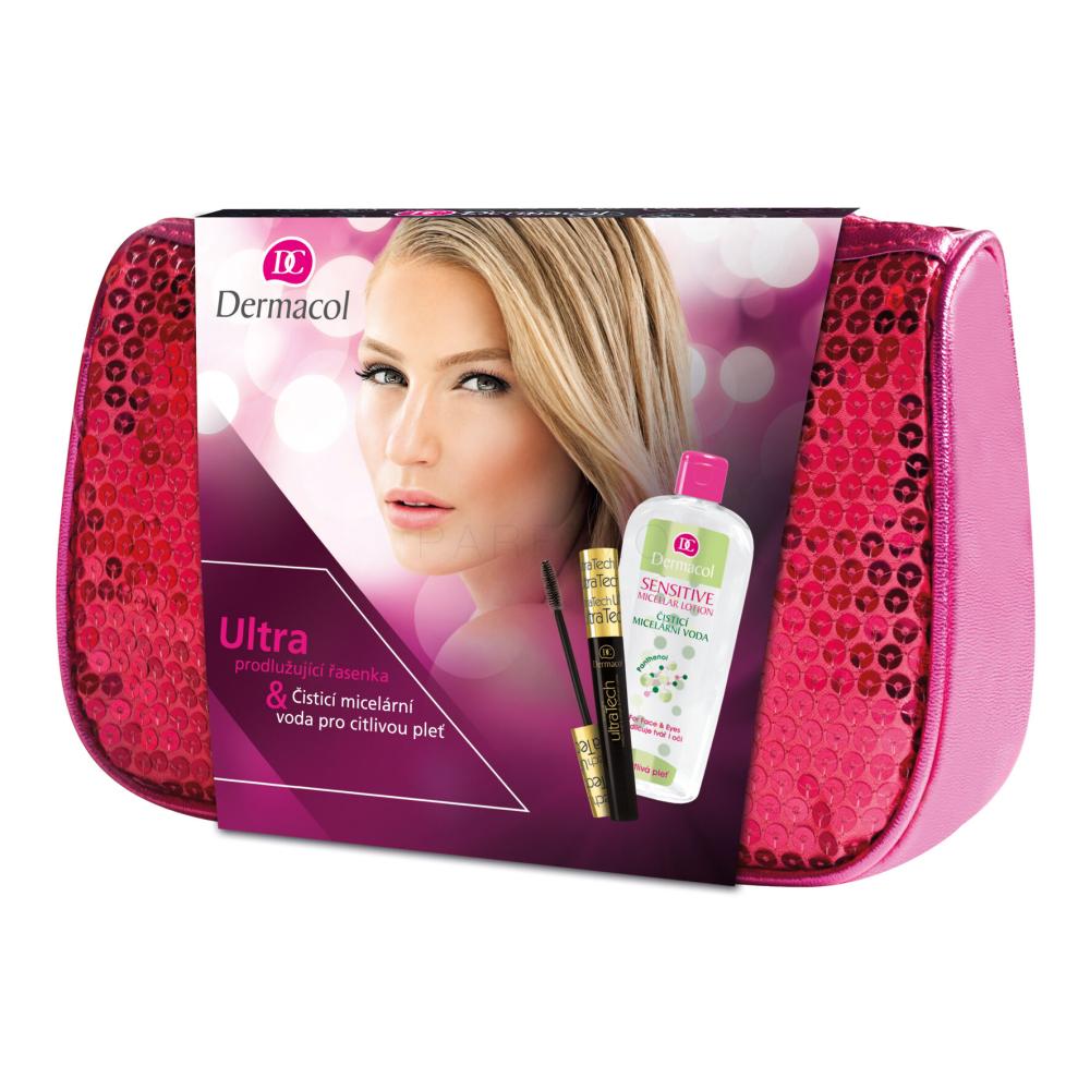 Dermacol Ultra Tech Darilni set maskara za podaljšanje trepalnic 10 ml + čistilna micelarna voda Sensitive 400 ml + roza kozmetična torba
