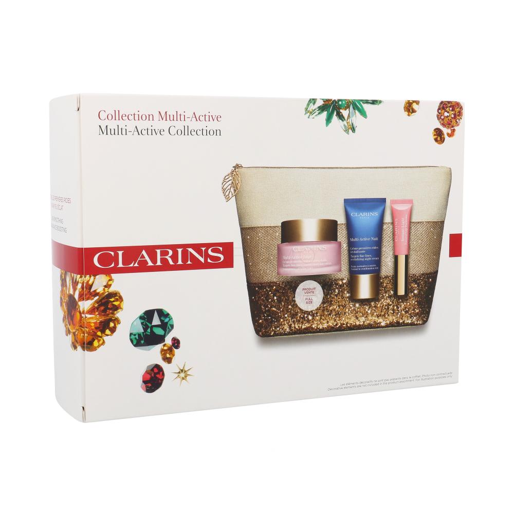 Clarins Multi-Active Darilni set denní pleťová péče 50 ml + noční pleťová péče 15 ml + tónující balzám Instant Light Natural Lip Perfector 5 ml 01 Rose Shimmer + kosmetická taška poškodovana škatla