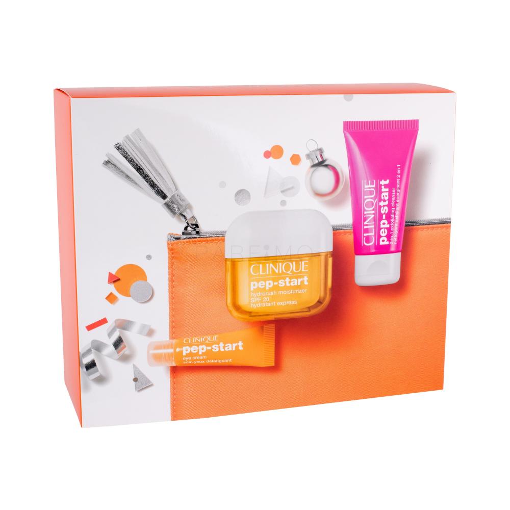 Clinique Pep-Start Hydrorush Moisturizer SPF20 Darilni set dnevna nega kože Hydrorush Moisturizer SPF20 50 ml + čistilni pripravek 2in1 Exfoliating Cleanser 30 ml + nega za področje okoli oči 7 ml + kozmetična torbica