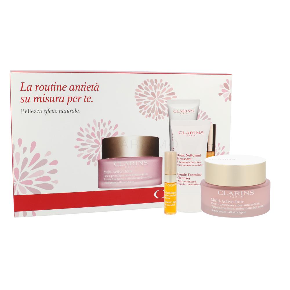 Clarins Multi-Active Darilni set denní pleťová péče 50 ml + čisticí pěna Gentle Foaming Cleanser 30 ml + péče o rty Instant Light Lip Comfort Oil 7 ml poškodovana škatla
