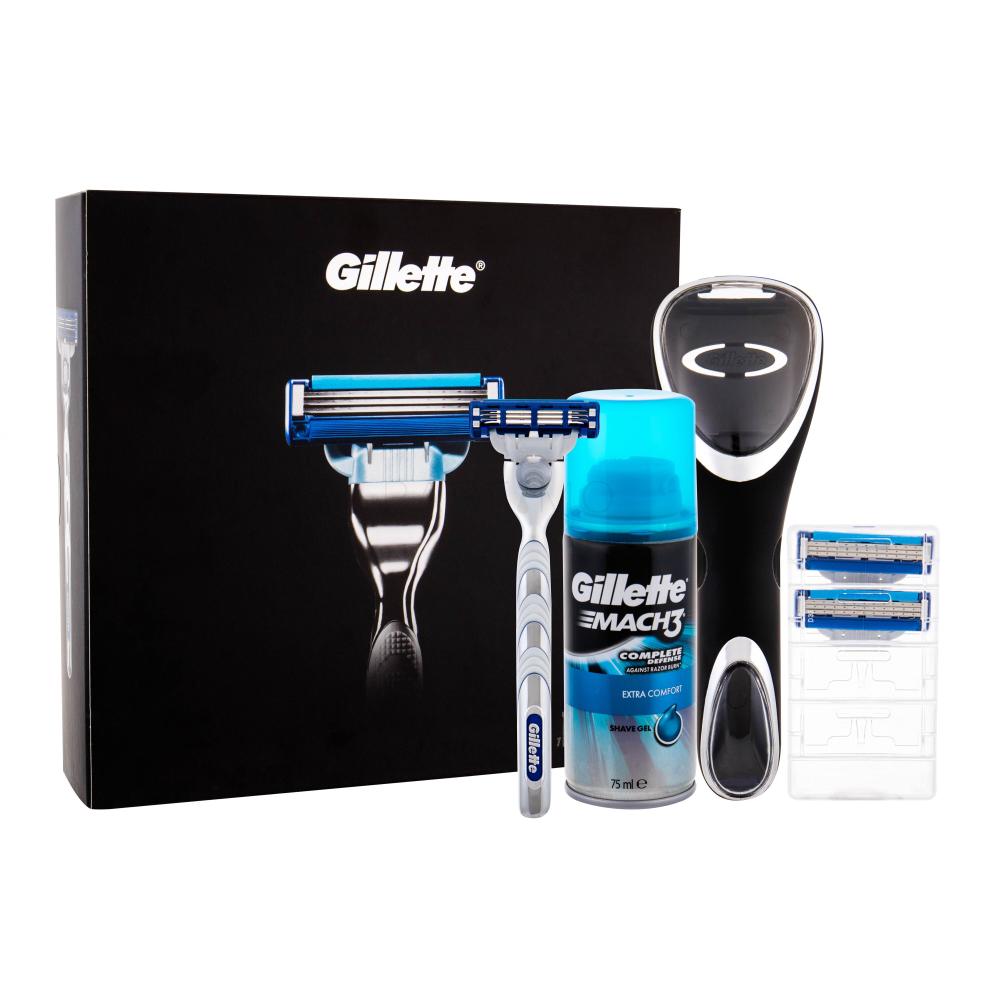 Gillette Mach3 Turbo Darilni set brivnik z enim rezilom 1 kos + nadomestna rezila 1 kos + gel za britje Extra Comfort 75 ml + potovalna embalaža 1 kos