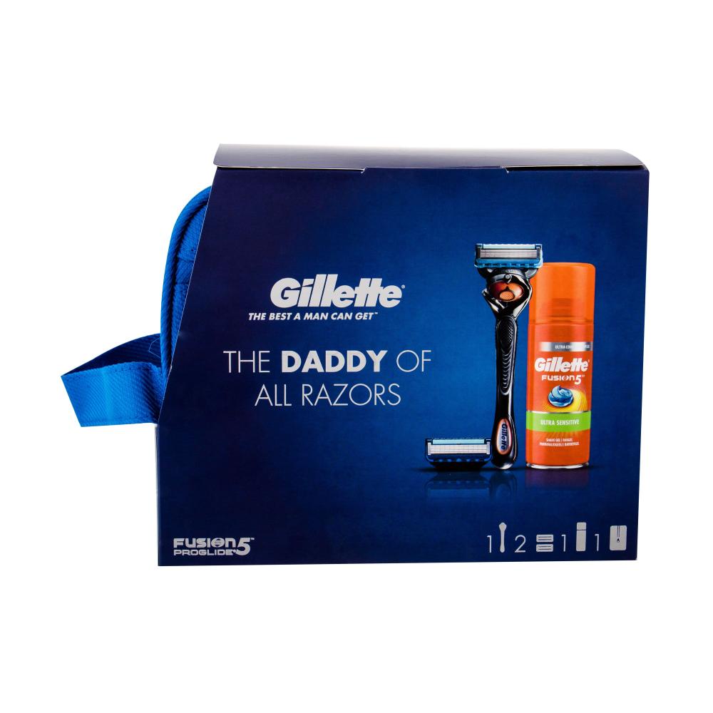 Gillette Fusion Proglide Flexball Darilni set brivnik z enim rezilom 1 kos + nadomestna rezila 2 kos + gel za britje HydraGel Sensitive 75 ml + kozmetična torbica