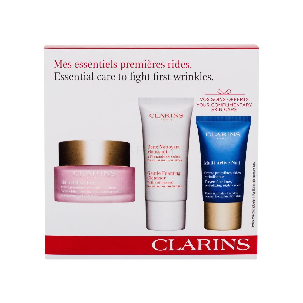 Clarins Multi-Active Darilni set dnevna krema za obraz 50 ml + čistilna pena Gentle Foaming Cleanser 30 ml + nočna krema za obraz Multi-Active Nuit 15 ml poškodovana škatla