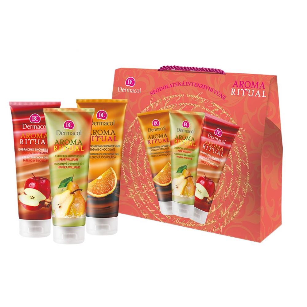 Dermacol Aroma Ritual Darilni set sprchový gel Belgian Chocolate 250 ml + sprchový gel Apple & Cinnamon 250 ml + sprchový gel Pear Williams 250 ml poškodovana škatla
