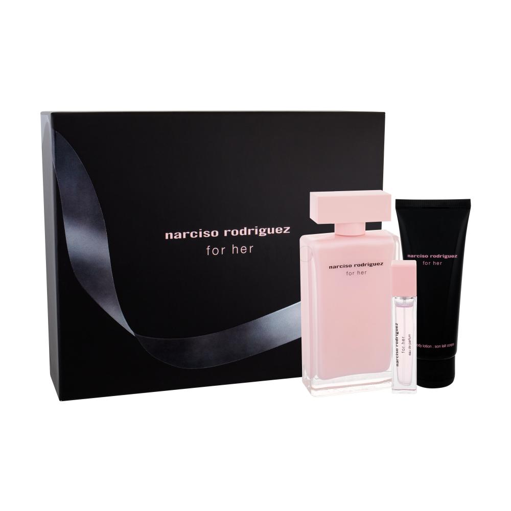 Narciso Rodriguez For Her Darilni set parfémovaná voda 100 ml + tělové mléko 75 ml + parfémovaná voda 10 ml poškodovana škatla
