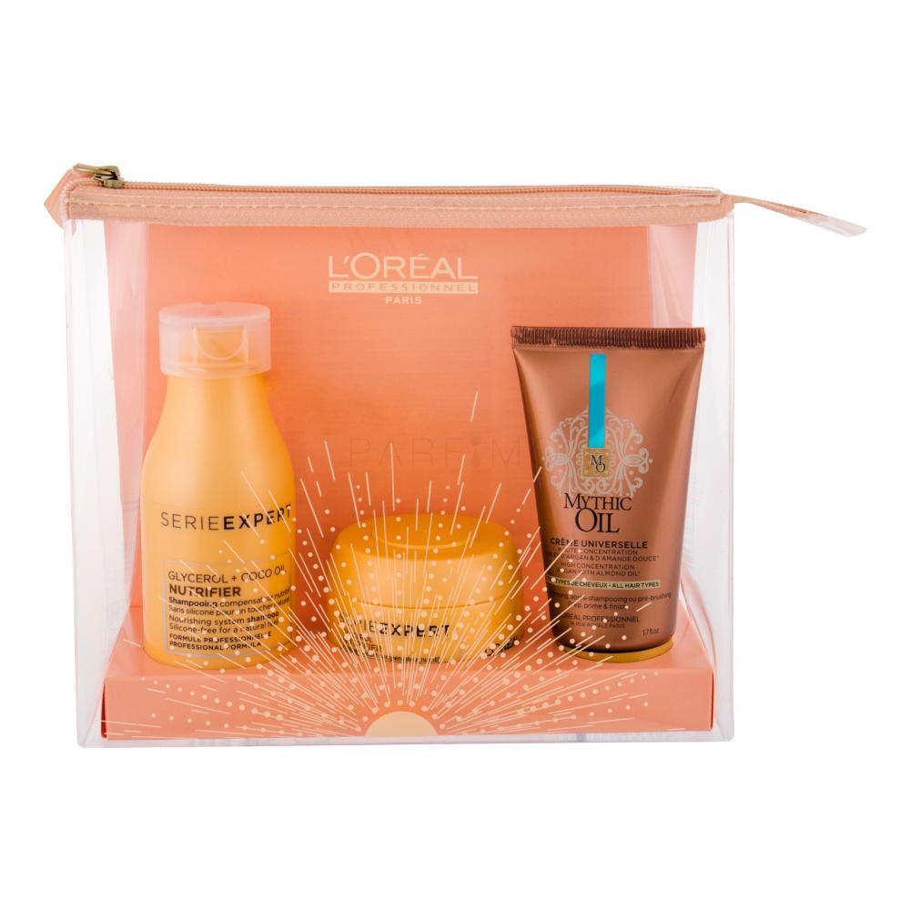 L'Oréal Professionnel Série Expert Nutrifier Darilni set šampon 100 ml + maska na vlasy 75 ml + krema za lase Mythic Oil Creme Universelle 50 ml + kozmetična torbica