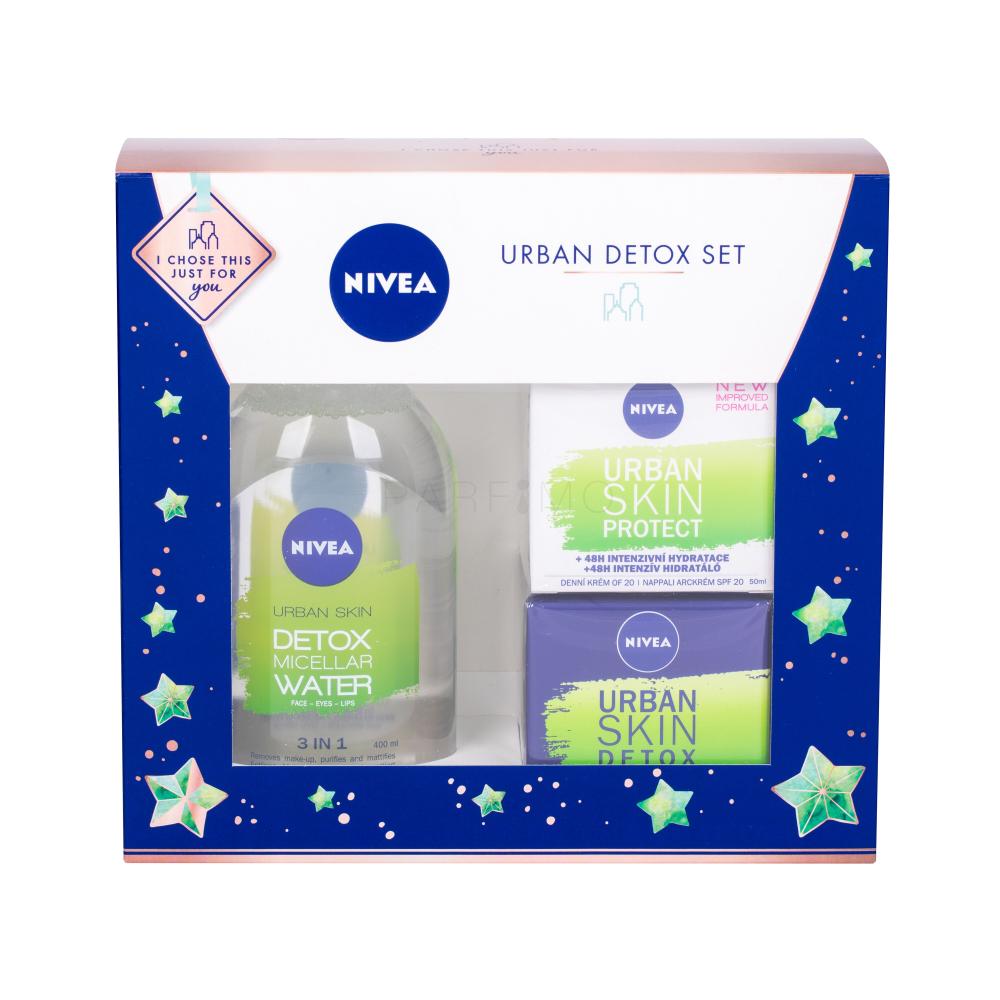 Nivea Urban Skin Defence SPF20 Darilni set dnevna krema za obraz SPF20 50 ml + nočna krema za obraz 50 ml + micelarna vodica 400 ml poškodovana škatla