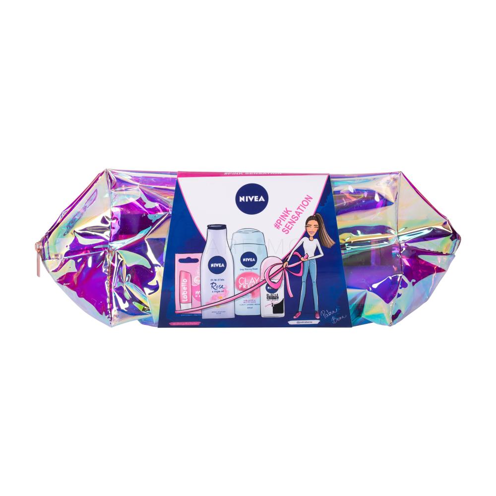 Nivea Clay Fresh Darilni set gel za prhanje 250 ml + losjon za telo Rose & Argan Oil 200 ml + balzam za ustnice Labello 4,8 g Pearly Shine + roll-on Black & White 50 ml + kozmetična torbica