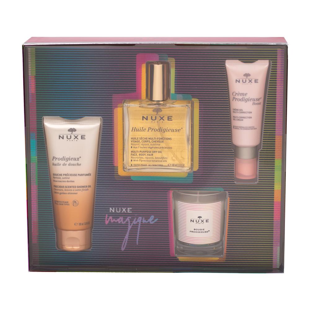 NUXE Huile Prodigieuse Darilni set suho olje 100 ml + olje za prhanje Prodigieux 100 ml + multi-korekcijska gel krema Creme Prodigieuse Boost 40 ml + dišeča sveča 70 g