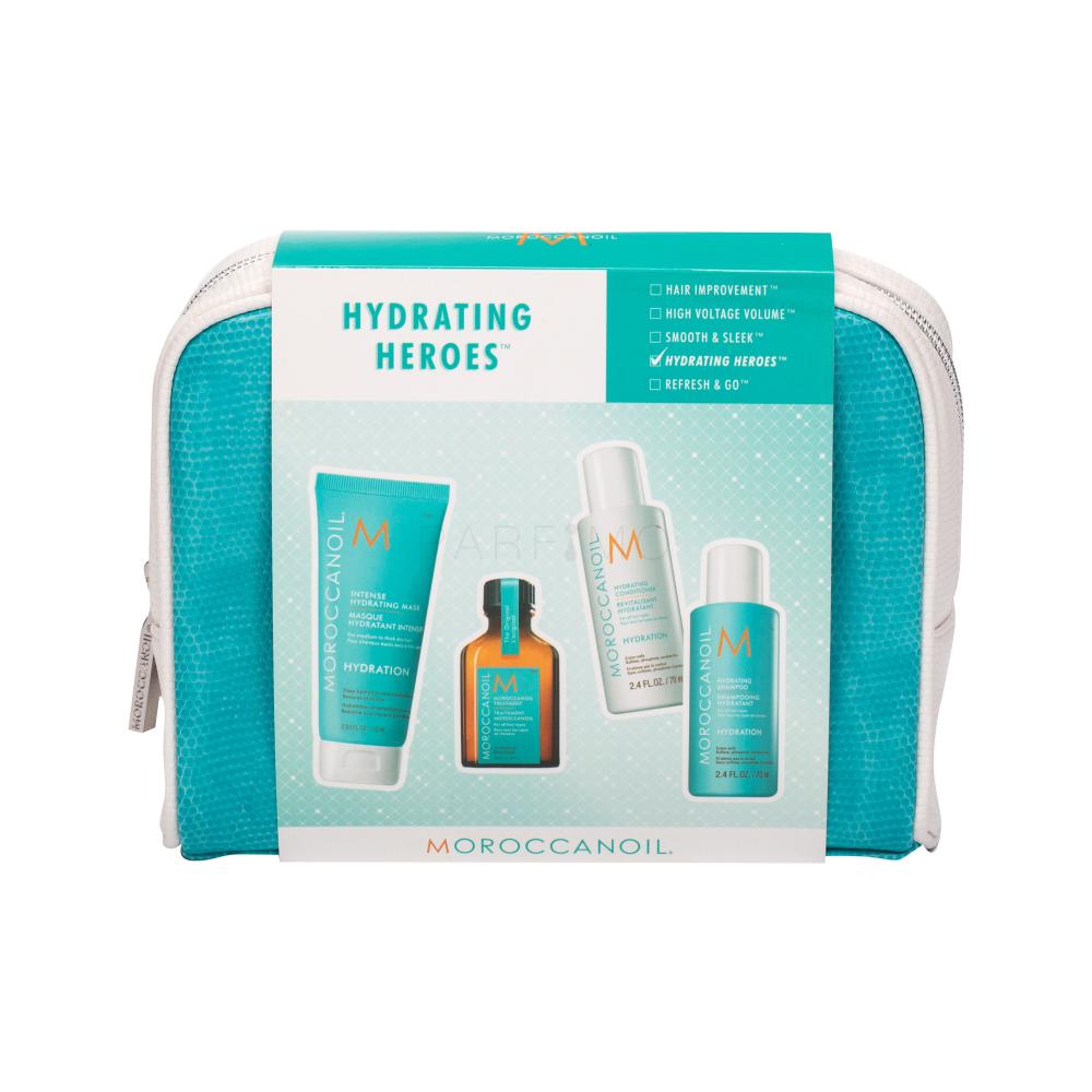 Moroccanoil Hydration Darilni set šampon za lase 70 ml + balzam za lase 70 ml + maska za lase 75 ml + olje za lase 25 ml + kozmetična torbica