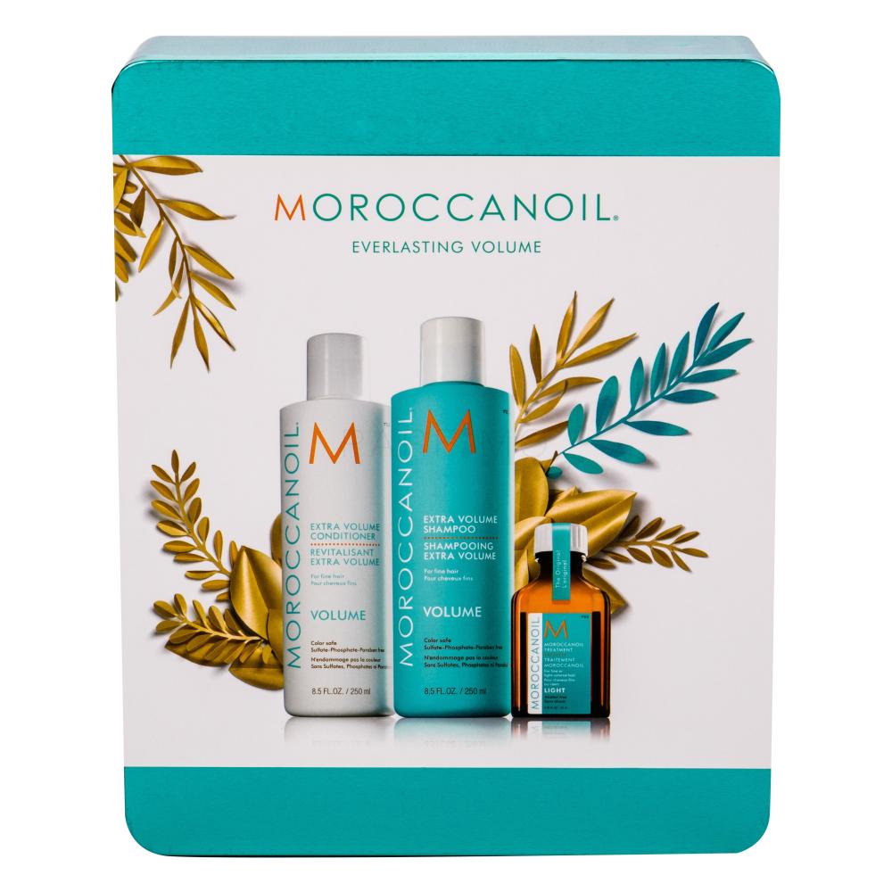 Moroccanoil Volume Darilni set šampon 250 ml + balzam 250 ml + olje za lase Light 25 ml + kovinska posodica