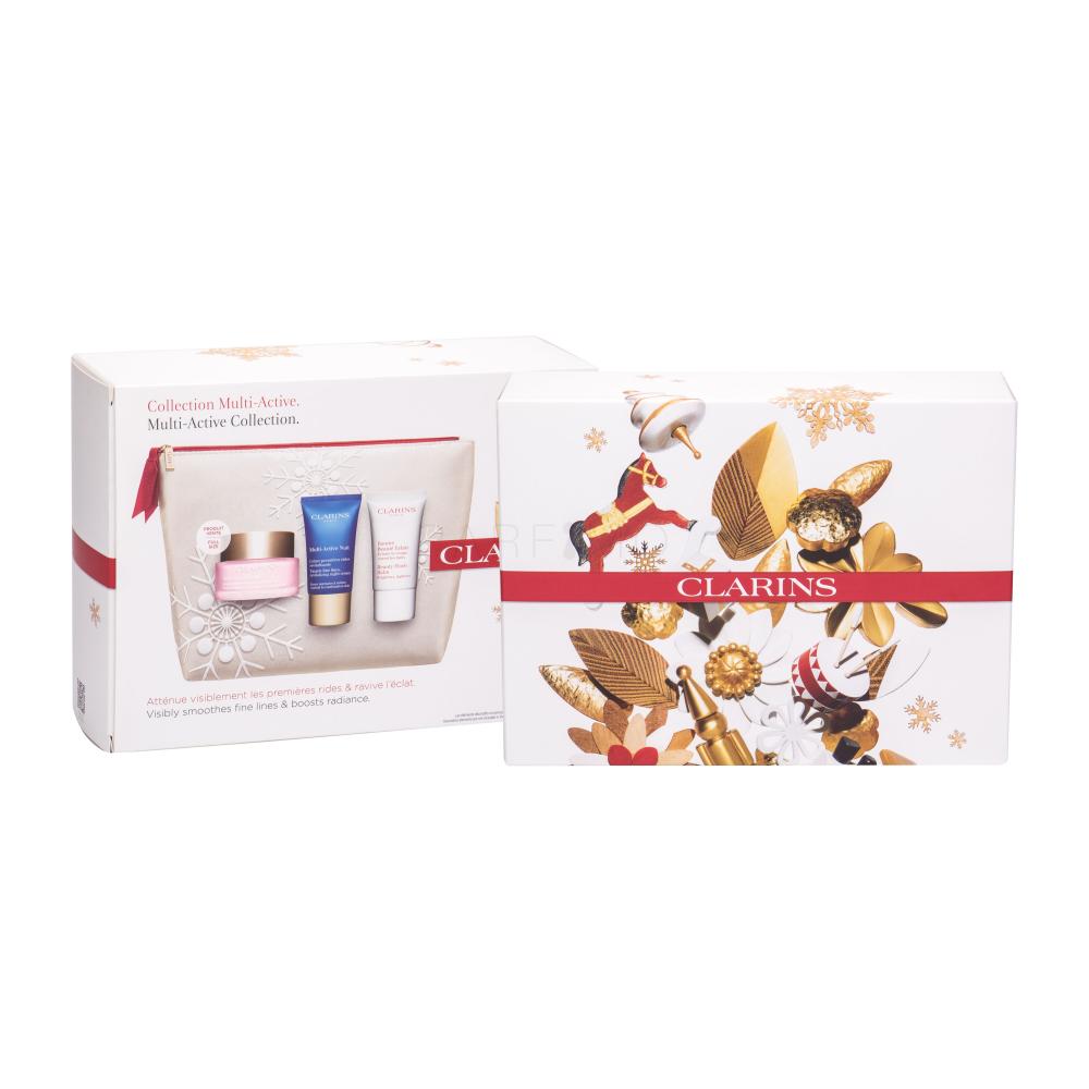 Clarins Multi-Active Darilni set dnevna nega za obraz 50 ml + nočna nega za obraz 15 ml + balzam za kožo Beauty Flash 15 ml + kozmetična torbica