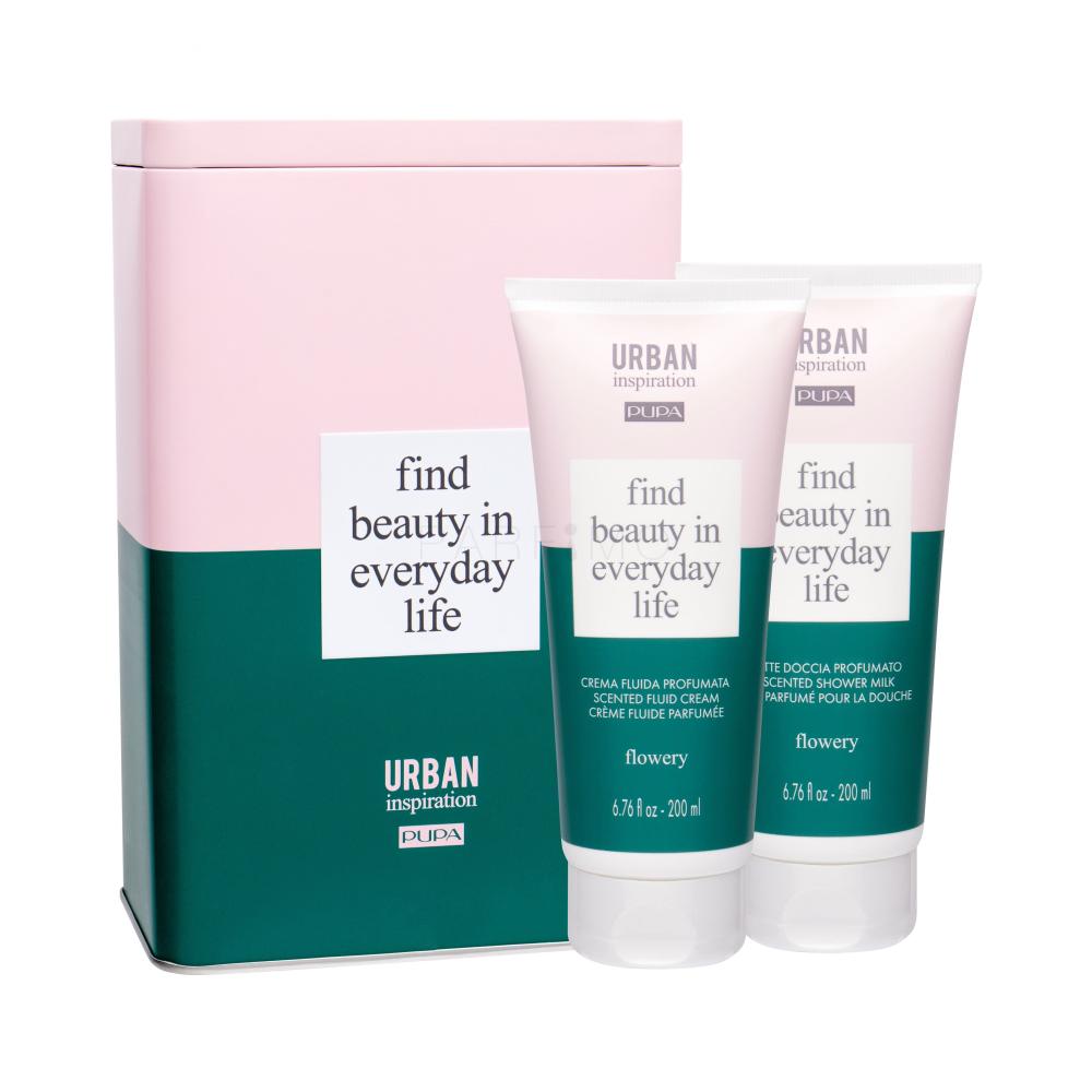 Pupa Urban Inspiration Flowery Darilni set mleko za prhanje 200 ml + krema za telo 200 ml + škatlica
