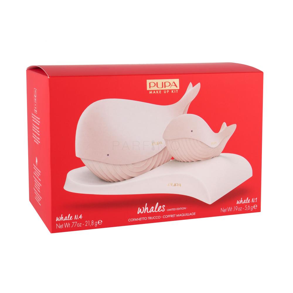 Pupa Whales Darilni set set za ličenje Pupa Whale 4 21,8 g + set za ličenje Pupa Whale 1 5,6 g + stojalo 1 kos poškodovana škatla