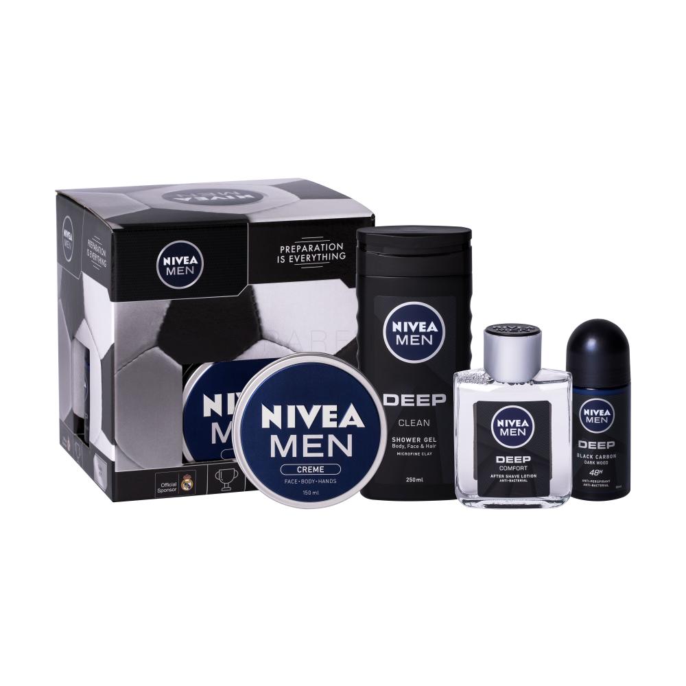 Nivea Men Deep Comfort Darilni set voda po holení 100 ml + sprchový gel 250 ml + antiperspirant roll-on 50 ml + univerzální krém Men Creme 150 ml poškodovana škatla