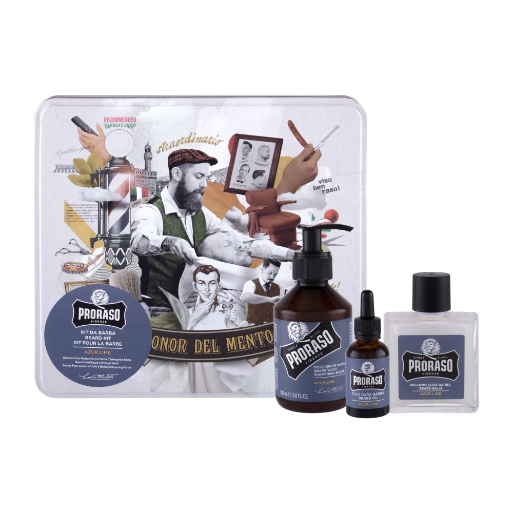 PRORASO Azur Lime Beard Wash Darilni set šampon za brado 200 ml + balzam za brado 100 ml + olje za brado 30 ml + škatlica