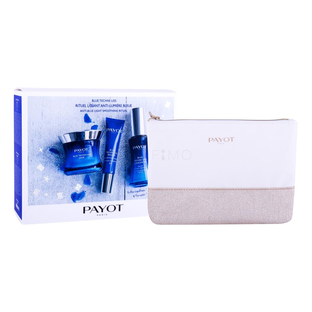 PAYOT Blue Techni Liss Concentré Darilni set serum za obraz 30 ml + dnevna krema za obraz 50 ml + gel za področje okoli oči Blue Techni Liss Regard 15 ml + kozmetična torbica