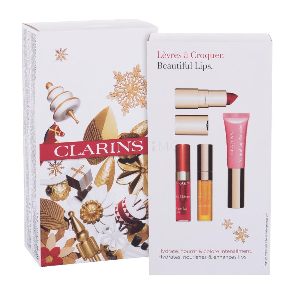 Clarins Joli Rouge Moisturizing Kit Darilni set šminka 1,5 g + sijaj za ustnice Natural Lip 01 Rose 5 ml + olje za ustnice 01 Honey 2,8 ml + sijaj za ustnice Water Lip Stain 03 Red Water 2,8 ml