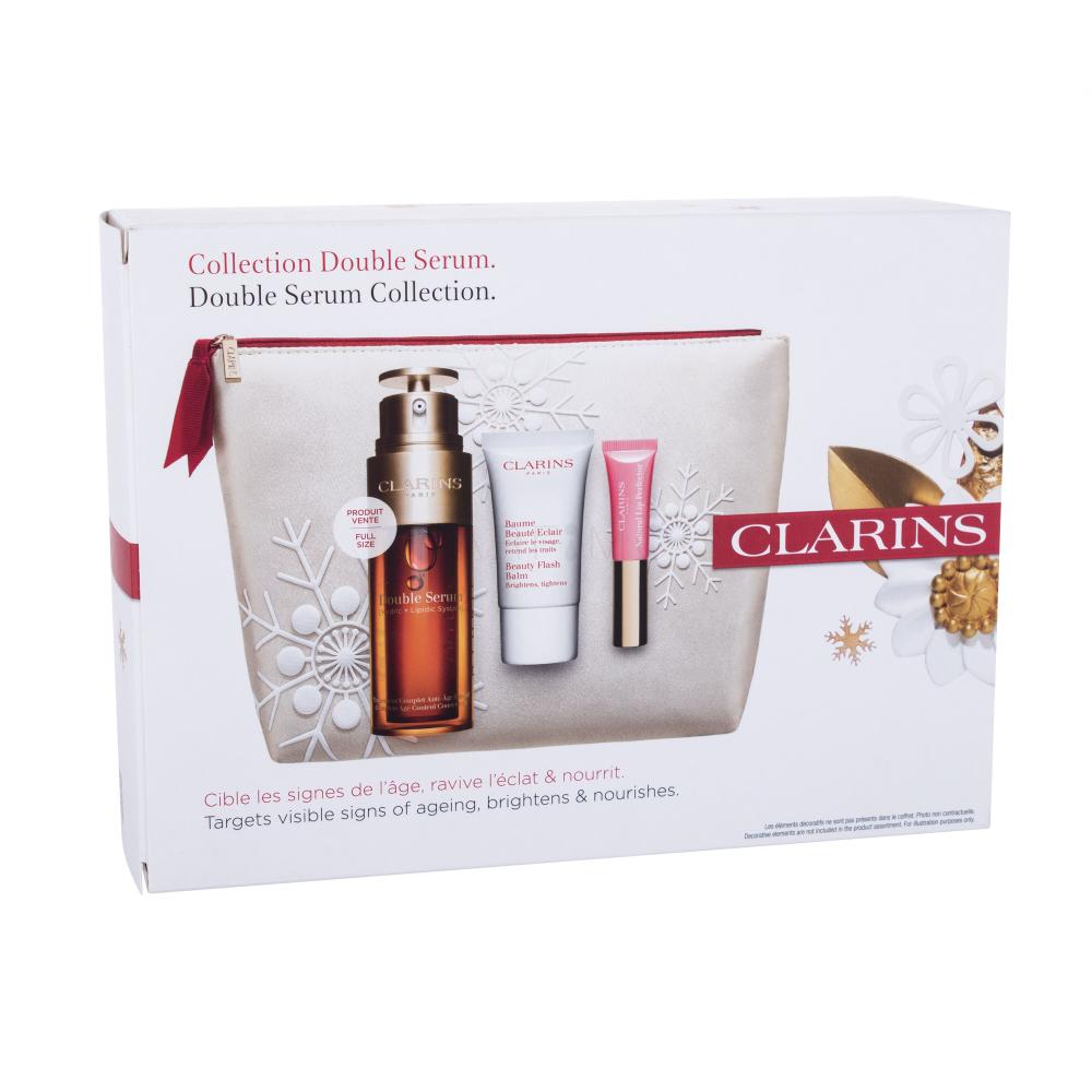 Clarins Double Serum Collection Darilni set pleťové sérum Double Serum 50 ml + pleťový balzám Beauty Flash Balm 15 ml + lesk na rty Natural Lip Perfector 5 ml 01 Rose Shimmer + kosmetická taška poškodovana škatla