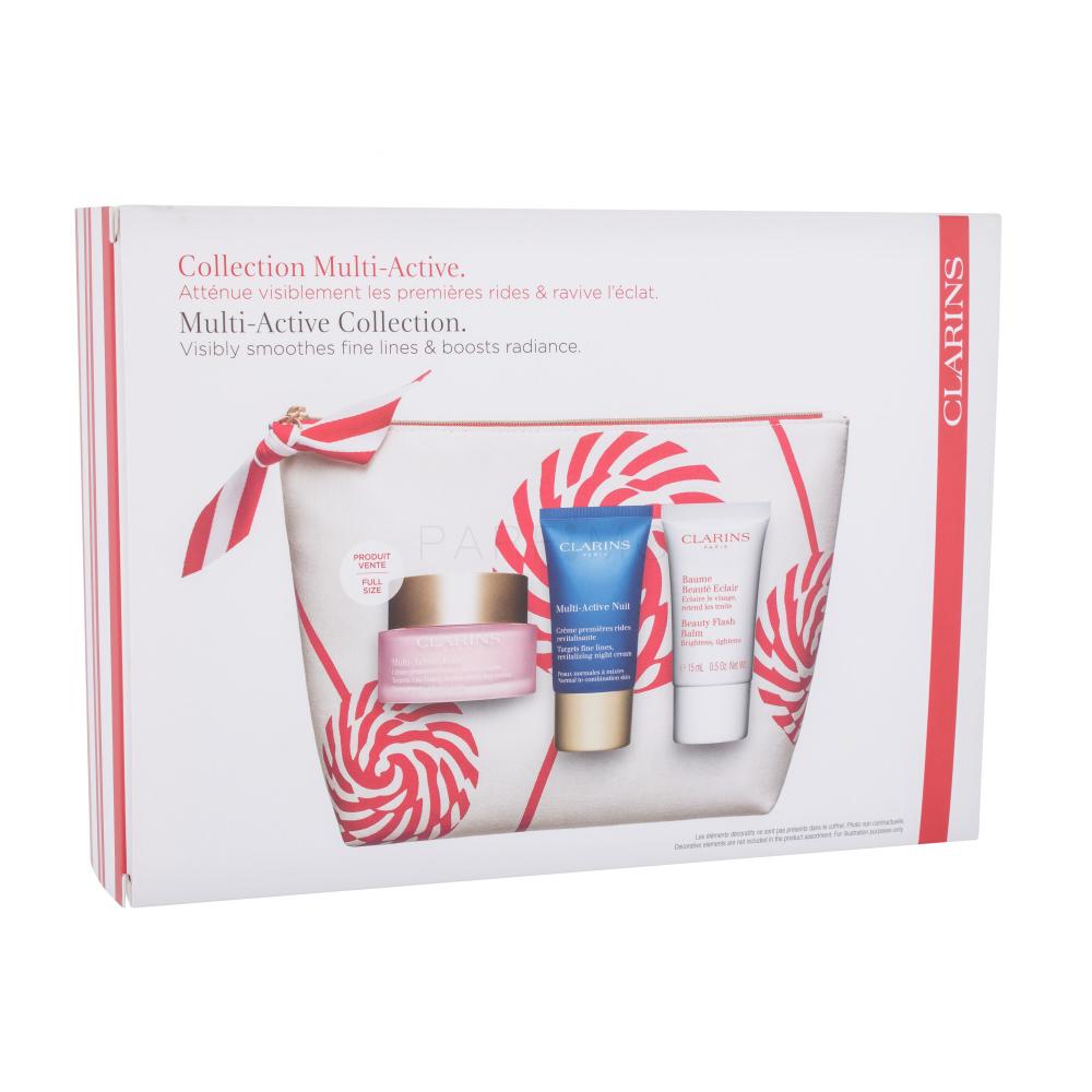 Clarins Multi-Active Collection Darilni set dnevna krema Multi-Active Day 50 ml + nočna krema Multi-Active Night 15 ml + balzam za obraz Beauty Flash Balm 15 ml + kozmetična torbica