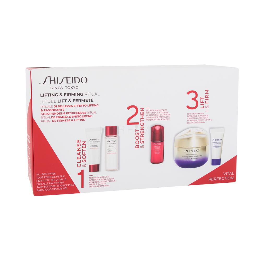Shiseido Vital Perfection Uplifting and Firming Cream Darilni set dnevna krema 50 ml + čistilna pena 15 ml + losjon za telo 30 ml + serum 10 ml + nočna krema 5 ml + kozmetična torbica