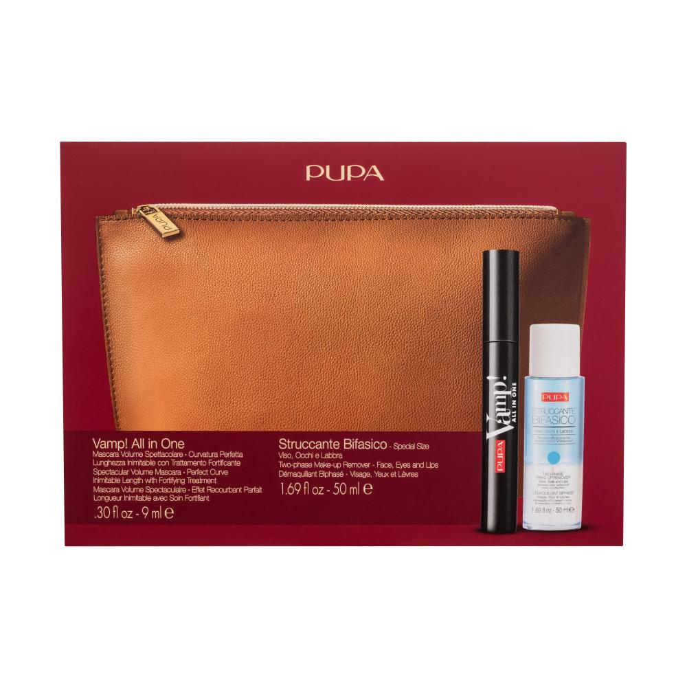 Pupa Vamp! All In One Darilni set maskara Vamp! All in One 9 ml + odstranjevalec ličil Two-phase Make-up Remover 50 ml + torbica