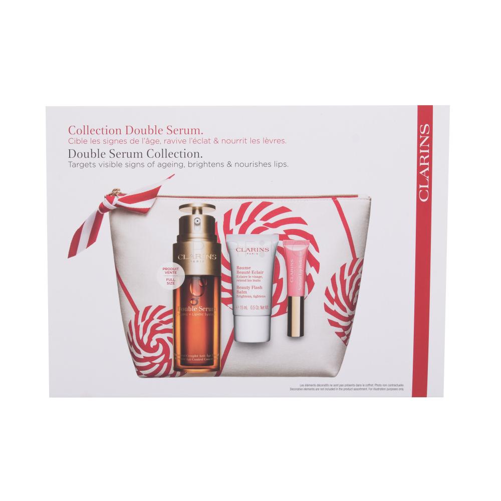 Clarins Double Serum Collection Darilni set pleťové sérum Double Serum 50 ml + pleťový balzám Beauty Flash Balm 15 ml + lesk na rty Natural Lip Perfector 5 ml 01 Rose Shimmer + kosmetická taštička