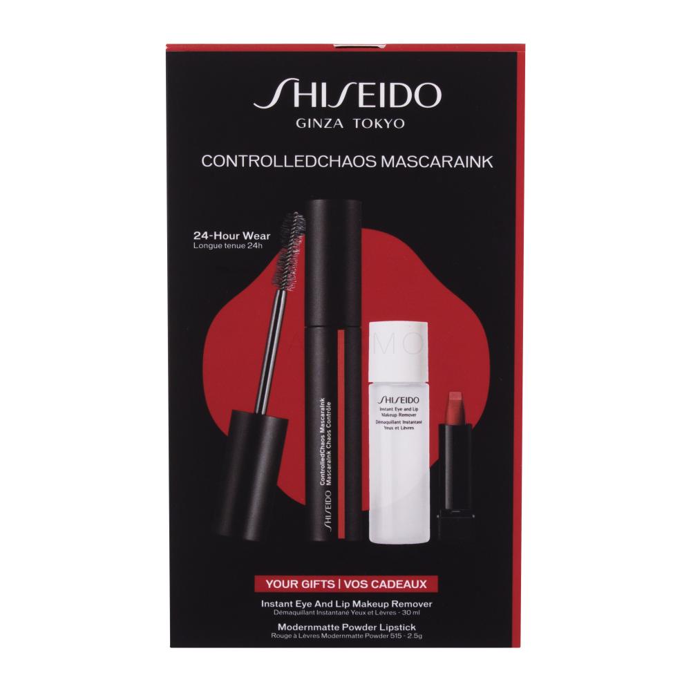 Shiseido ControlledChaos MascaraInk Darilni set maskara Controlled Chaos Mascara Ink 11,5 ml + odstranjevalec ličil za oči in ustnice Instant Eye and Lip Makeup Remover 30 ml + šminka Modern Matte Powder Lipstick 2,5 g 515 Mellow Drama