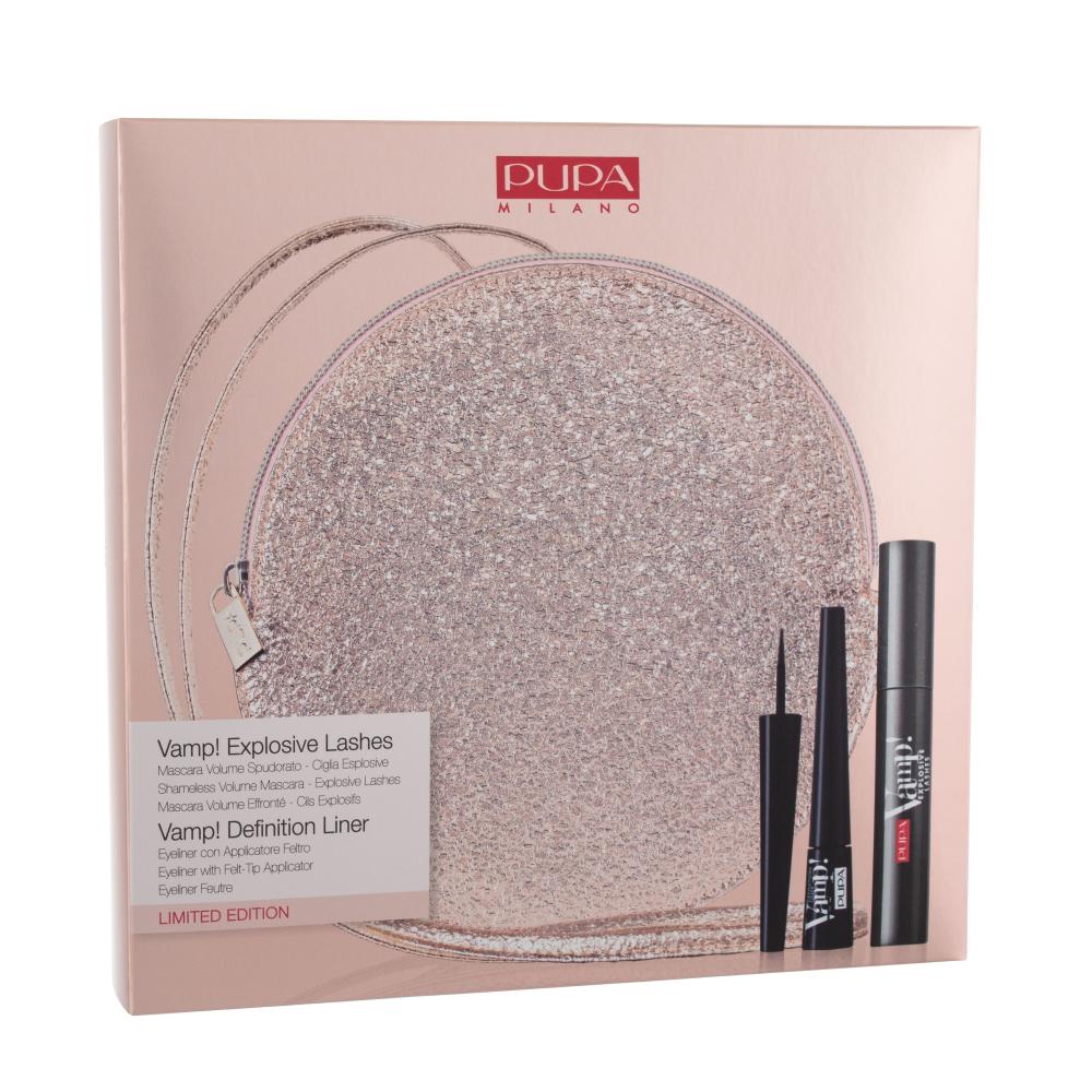 Pupa Vamp! Explosive Lashes Darilni set maskara Vamp! Explosive Lashes 12 ml + črtalo za oči Vamp! Definition Liner 2,5 ml 100 Extra Black + torbica