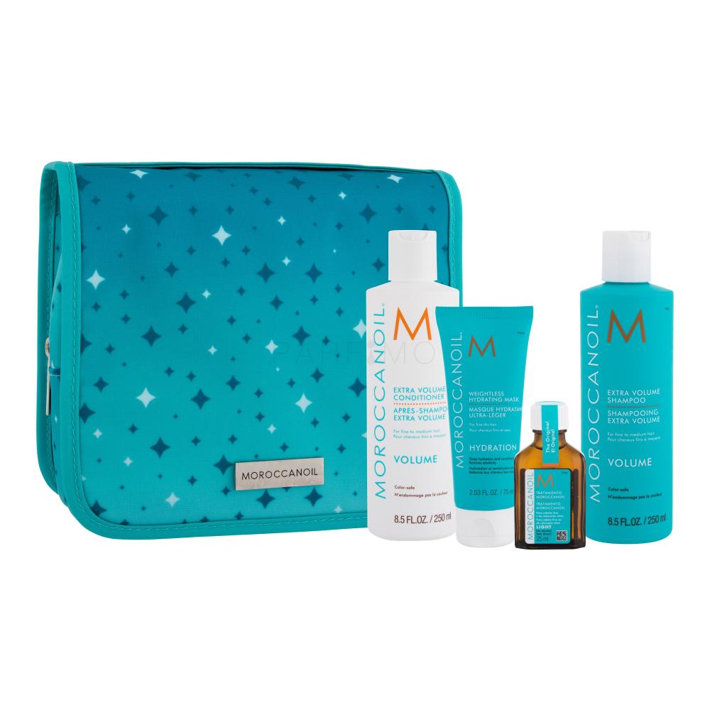 Moroccanoil Twinkle, Twinkle Volume Darilni set šampon Volume Shampoo 250 ml + balzam Extra Volume Conditioner 250 ml + maska za lase Weightless Hydrating Mask 75 ml + olje za lase Treatment Light 25 ml + kozmetična torbica