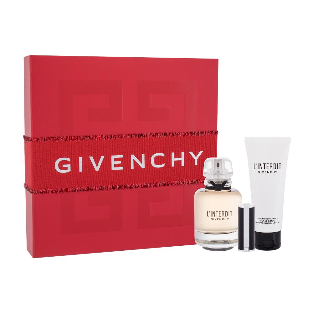 Givenchy L'Interdit Darilni set parfumska voda 80 ml + losjon za telo 75 ml + šminka Le Rouge 1,5 g 333 L´Interdit poškodovana škatla