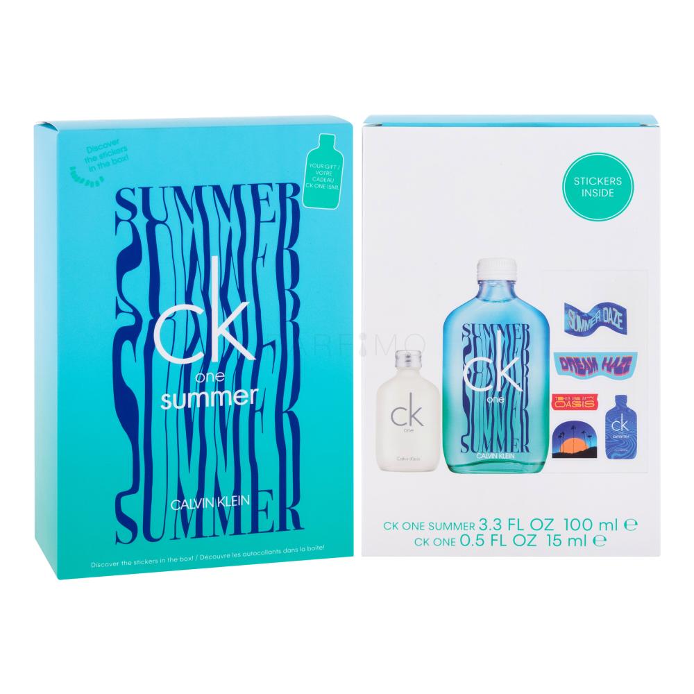 Calvin Klein CK One Summer 2021 Darilni set toaletna voda 100 ml + toaletna voda CK One 15 ml + nalepke
