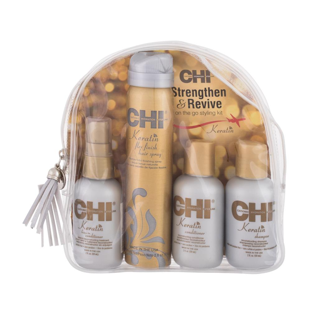 Farouk Systems CHI Keratin Darilni set šampon Keratin Shampoo 59 ml + balzam Keratin Conditioner 59 ml + balzam brez izpiranja Keratin Leave-in Conditioner 59 ml + lak za lase Keratin Flex Finish Hair Spray 74 g + kozmetična torbica