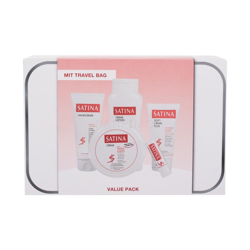 Satina Cream Darilni set krema za telo Cream 150 ml + losjon za telo Cream Lotion 200 ml + krema za roke Hand Cream 100 ml + krema za obraz Soft Cream Plus 75 ml + balzam za ustnice Lip Care Stick 4,8 g + kozmetična torbica poškodovana škatla