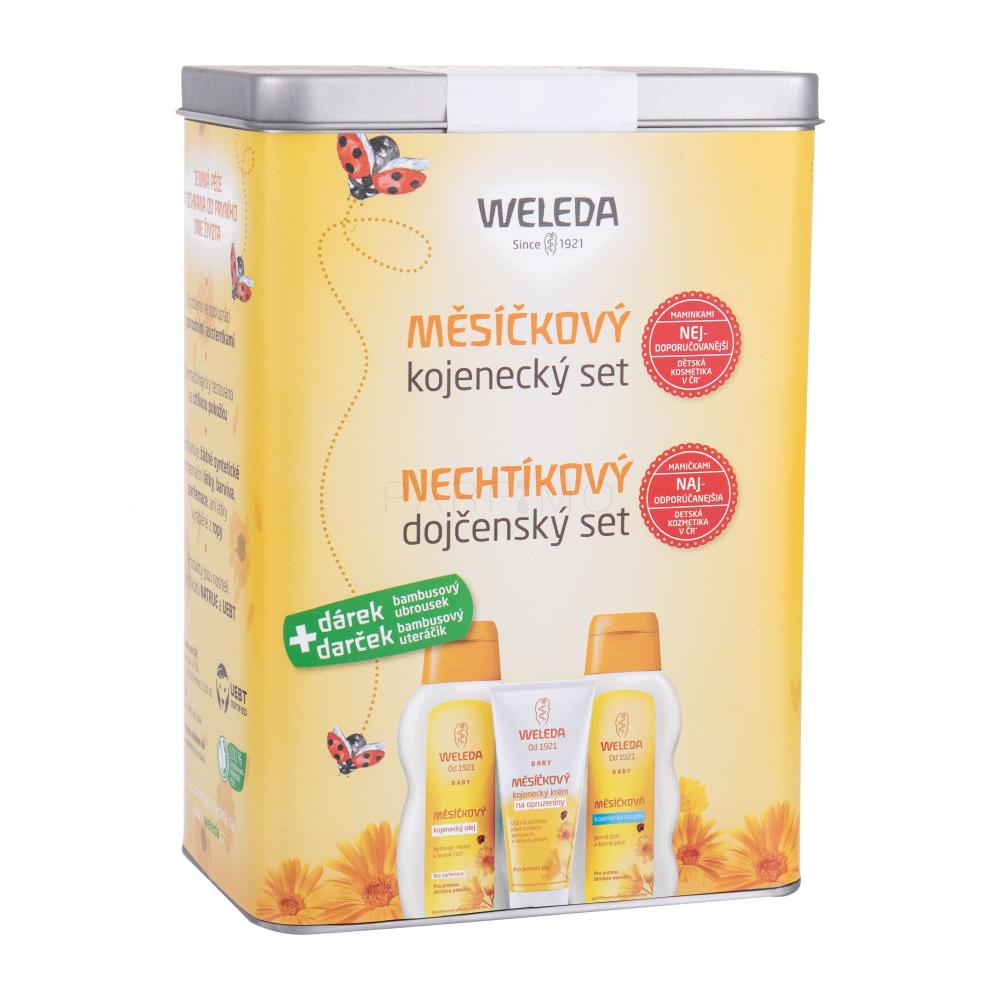 Weleda Baby Calendula Oil Set Darilni set otroško olje 200 ml + otroška krema za rane 75 ml + otroška kopel 200 ml + bambusov prtiček + pločevinasta škatla poškodovana škatla