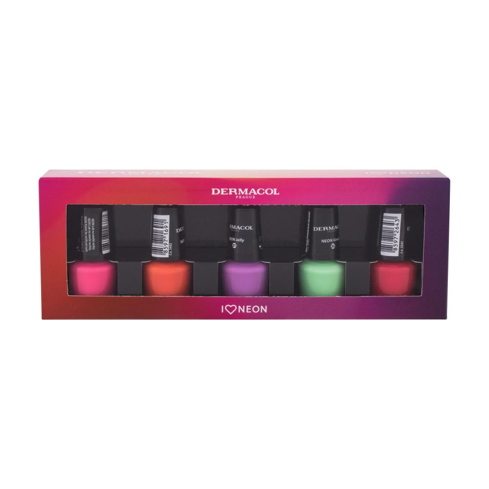 Dermacol Neon Darilni set lak za nohte 5 ml + lak za nohte 5 ml 29 Neon Obsession + lak za nohte 5 ml 31 Neon Jelly + lak za nohte 5 ml 32 Neon Green + lak za nohte 5 ml 35 Neon Fantasy