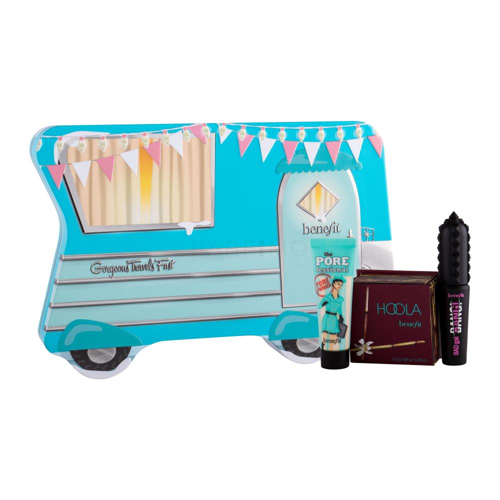 Benefit Hoola Darilni set pudrový bronzer 8 g + řasenka Bad Gal Bang 4 g Pitch Black + podkladová báze pod makeup Pore Primer 7,5 ml + plechová krabička poškodovana škatla