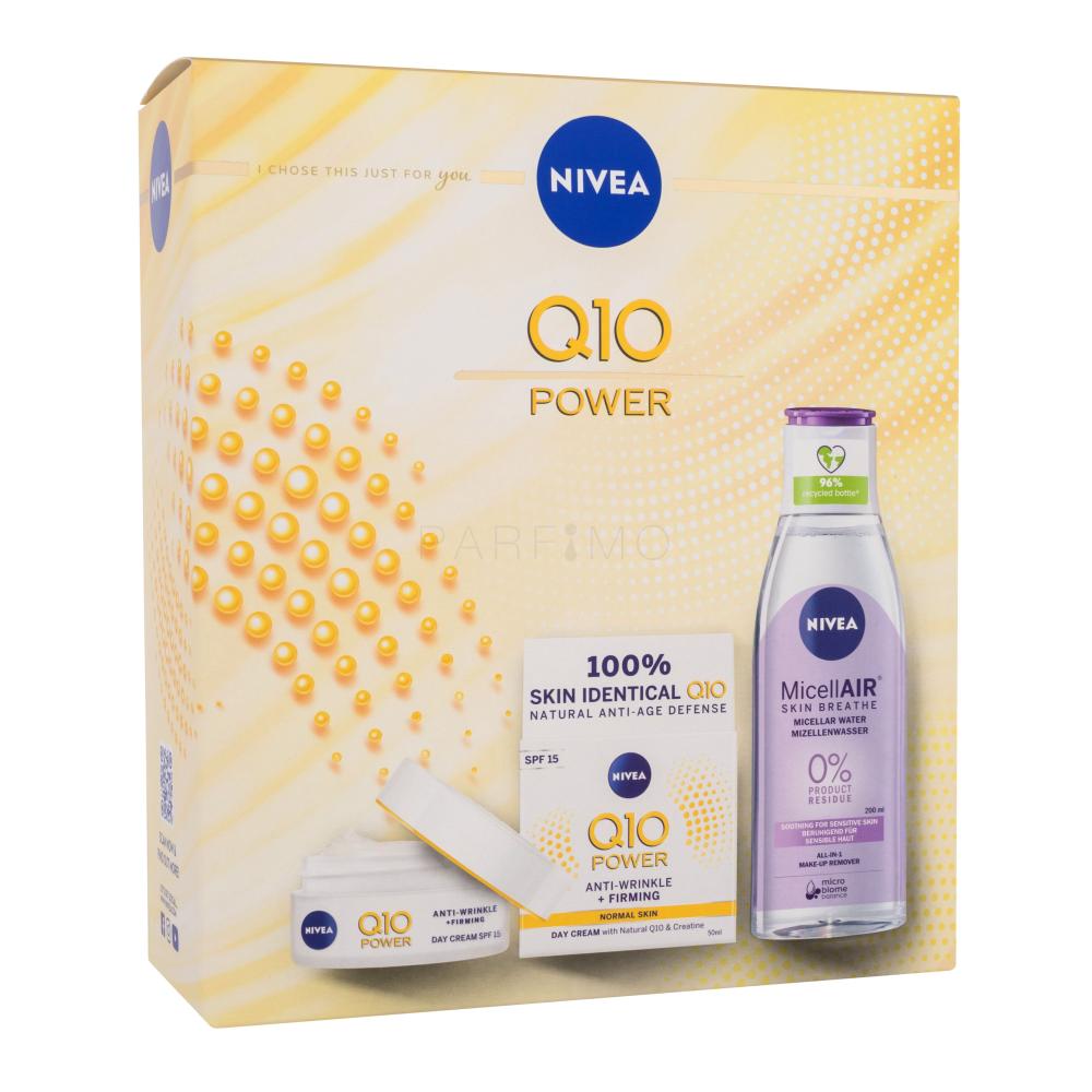Nivea Q10 Power Anti-Wrinkle + Firming Darilni set dnevna krema za obraz Q10 Power SPF15 50 ml + micelarna voda MicellAir 200 ml