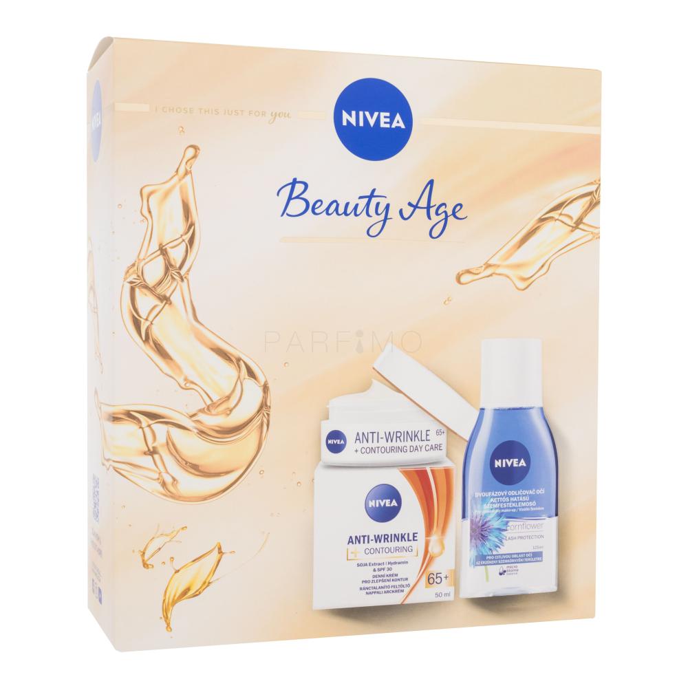 Nivea Beauty Age Darilni set dnevna krema za obraz Anti-Wrinkle + Contouring SPF30 50 ml + odstranjevalec ličil za oči Cornflower 125 ml