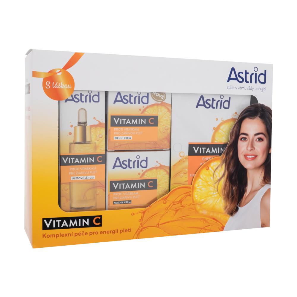 Astrid Vitamin C Darilni set serum za obraz Vitamin C Serum 30 ml + dnevna krema za obraz Vitamin C Day Cream 50 ml + nočna krema za obraz Vitamin C Night Cream 50 ml + tekstilna maska Vitamin C Energizing Textile Mask 20 ml