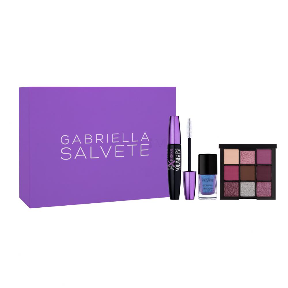 Gabriella Salvete Gift Box Darilni set maskara xXpress Volume & Long Curl Mascara 11 ml + paletka senčil za oči Diamante Eyeshadow Palette 9 g Violet + lak za nohte Longlasting Enamel 11 ml No. 16 Amethyst