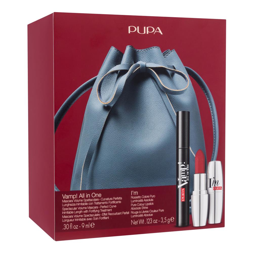 Pupa Vamp! All In One Set Darilni set maskara Vamp! All In One 9 ml + šminka za ustnice I´m 3,5 g + torbica