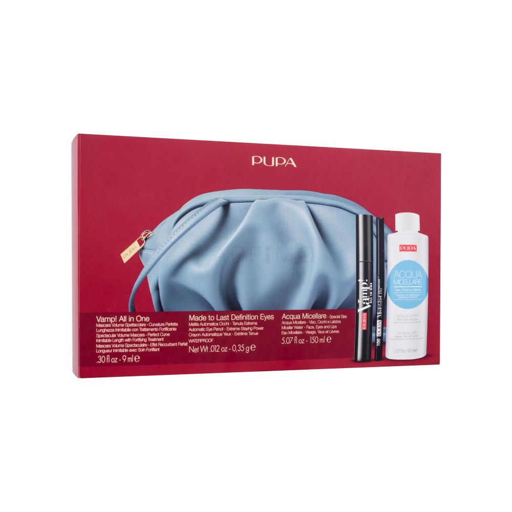 Pupa Vamp! All In One Darilni set maskara Vamp! All In One 9 ml + barvica za oči Made to Last Definition Eyes 0,35 g 100 + micelarna vodica Micellar Water 150 ml + kozmetična torbica